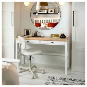 میز تحریر با 2 کشو ایکیا رنگ سفید/قهوه ای روشن مدل HEMNES