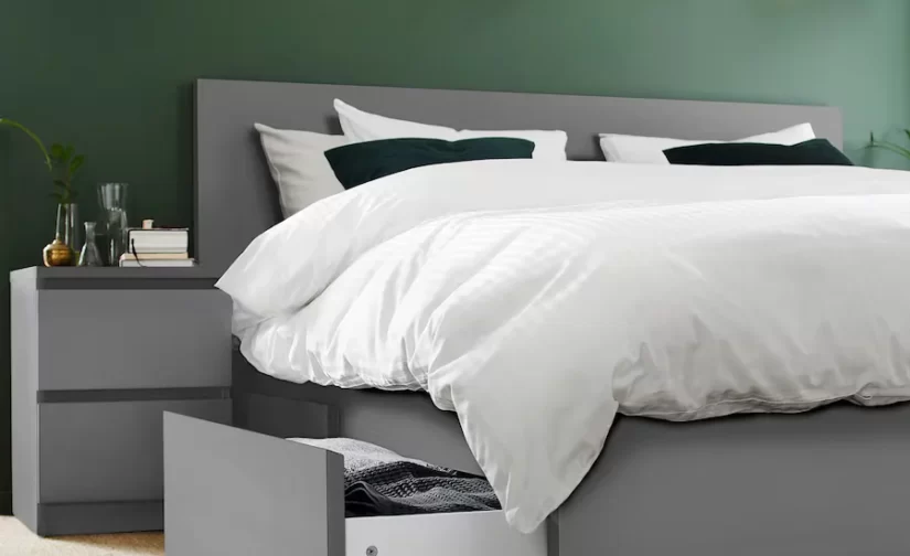 قاب تخت بلند دارای ۲ جعبه نگهداری خاکستری ایکیا ۱۶۰x۲۰۰ مدل MALM