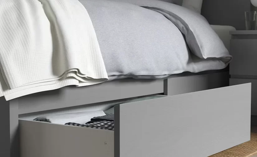 قاب تخت بلند دارای ۲ جعبه نگهداری خاکستری ایکیا ۱۶۰x۲۰۰ مدل MALM