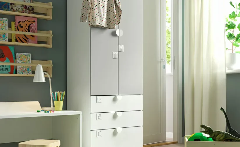 کمد لباس سفید و خاکستری/با ۳ کشو سایز ۶۰x۴۲x۱۸۱ ایکیا مدل SMÅSTAD / PLATSA