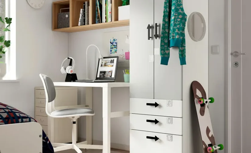 کمد لباس سفید و خاکستری/با ۳ کشو سایز ۶۰x۴۲x۱۸۱ ایکیا مدل SMÅSTAD / PLATSA