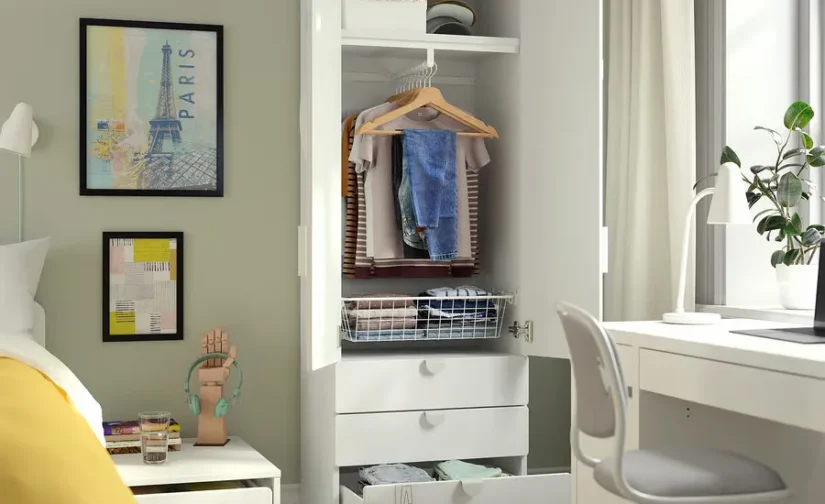 کمد لباس سفید و خاکستری/با ۳ کشو سایز ۶۰x۴۲x۱۸۱ ایکیا مدل SMÅSTAD / PLATSA