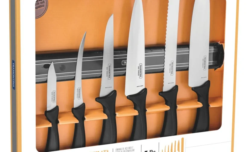 سرویس چاقو و قفسه مغناطیسی 7 تکه ترامونتینا آفیلاتا با تیغه استیل ضد زنگ و دسته پلی پروپیلن مشکی