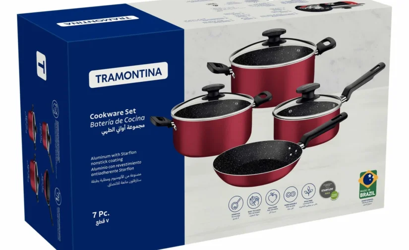 سرویس قابلمه آلومینیومی قرمز ترامونتینا ۷ پارچه با روکش نچسب داخلی و خارجی استارفلون مکس