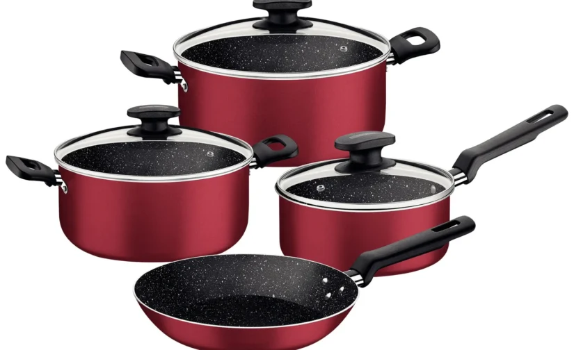 سرویس قابلمه آلومینیومی قرمز ترامونتینا ۷ پارچه با روکش نچسب داخلی و خارجی استارفلون مکس