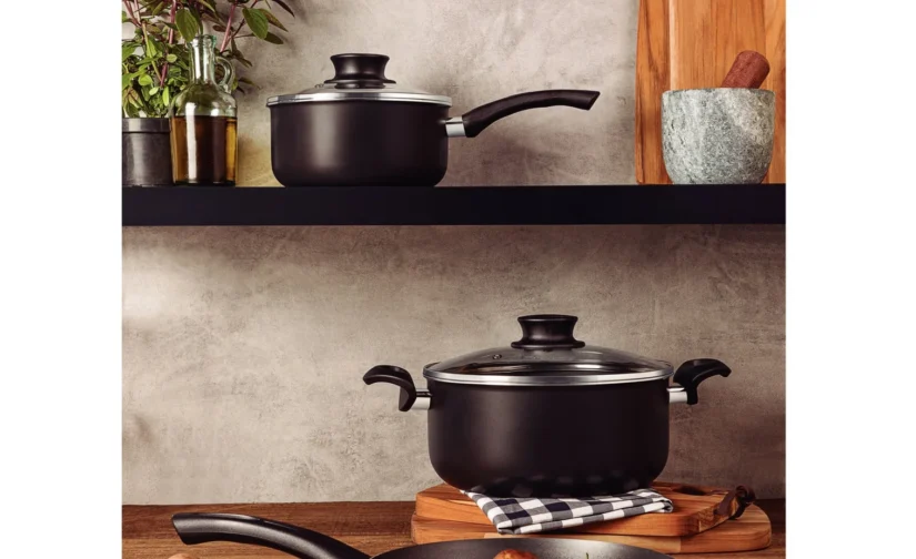 سرویس قابلمه آلومینیومی مشکی ۵ پارچه ترامونتینا پاریس پلاس با روکش داخلی و خارجی استارفلون، پوشش نچسب عالی بدون PFOA