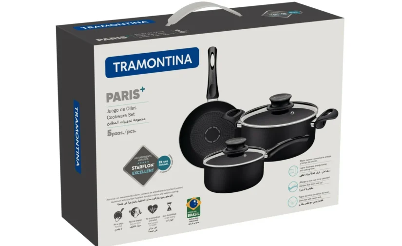 سرویس قابلمه آلومینیومی مشکی ۵ پارچه ترامونتینا پاریس پلاس با روکش داخلی و خارجی استارفلون، پوشش نچسب عالی بدون PFOA