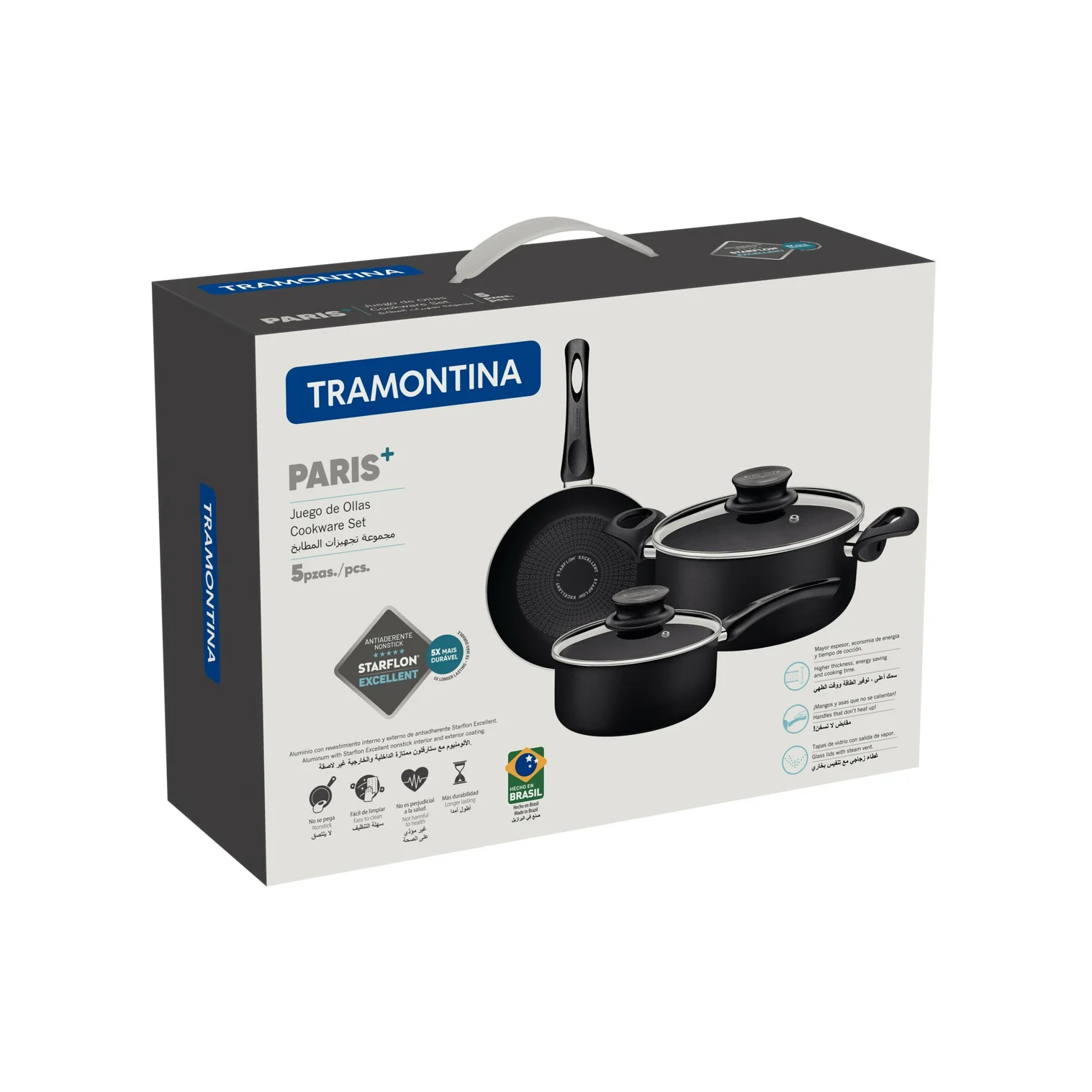 سرویس قابلمه آلومینیومی مشکی ۵ پارچه ترامونتینا پاریس پلاس با روکش داخلی و خارجی استارفلون، پوشش نچسب عالی بدون PFOA