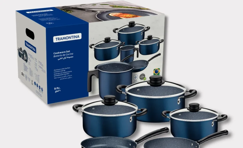 سرویس قابلمه آلومینیومی آبی 9 پارچه ترامونتینا با روکش نچسب داخلی و خارجی استارفلون مکس