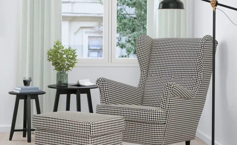 صندلی راحتی تاشو طرح ویبربو مشکی/بژ ایکیا مدل STRANDMON