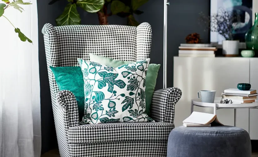 صندلی راحتی تاشو طرح ویبربو مشکی/بژ ایکیا مدل STRANDMON