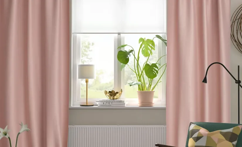 یک جفت پرده ضخیم ایکیا صورتی/با نوار تزئینی سایز ۱۴۵x۳۰۰ مدل VILBORG