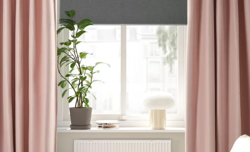 یک جفت پرده ضخیم ایکیا صورتی/با نوار تزئینی سایز ۱۴۵x۳۰۰ مدل VILBORG