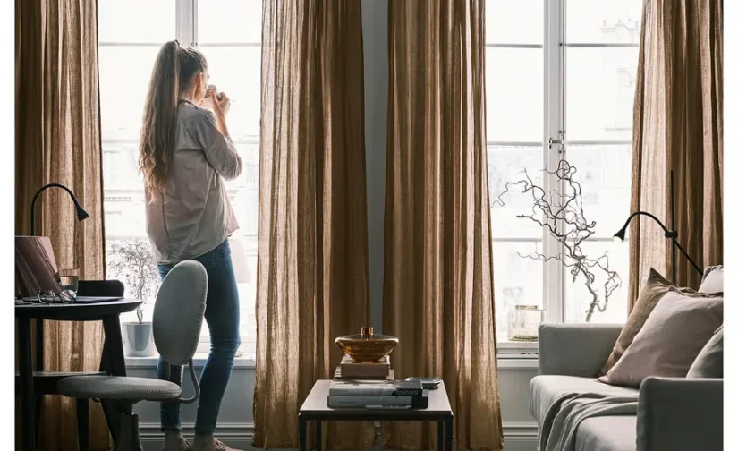 پرده ۱ جفت بژ تیره/با نوار تزئینی سایز ۱۴۵x۳۰۰ ایکیا مدل DYTÅG