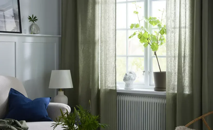 پرده ۱ جفت خاکستری-سبز/با نوار تزئینی سایز ۱۴۵x۳۰۰ ایکیا مدل DYTÅG