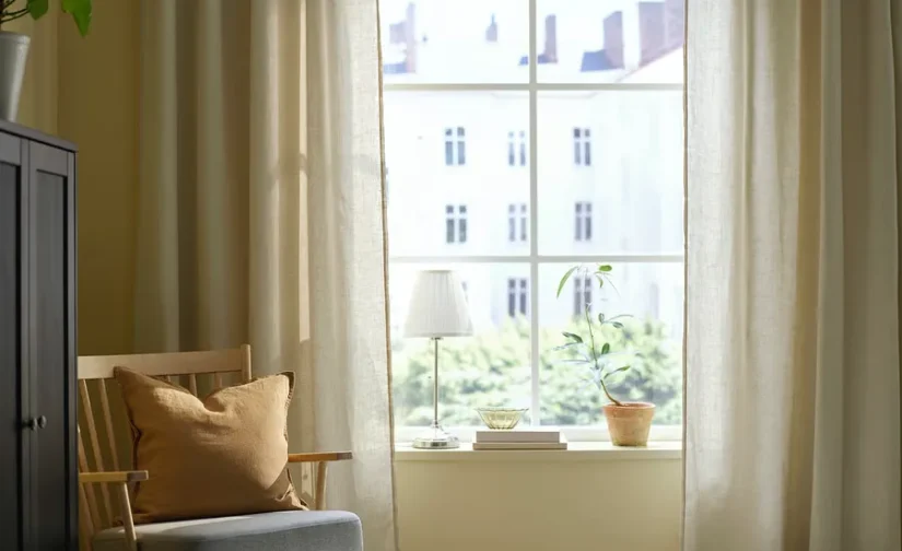 پرده ۱ جفت کتان بژ/با نوار تزئینی سایز ۱۴۵x۳۰۰ ایکیا مدل DYTÅG