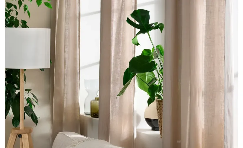 پرده ۱ جفت کتان بژ/با نوار تزئینی سایز ۱۴۵x۳۰۰ ایکیا مدل DYTÅG