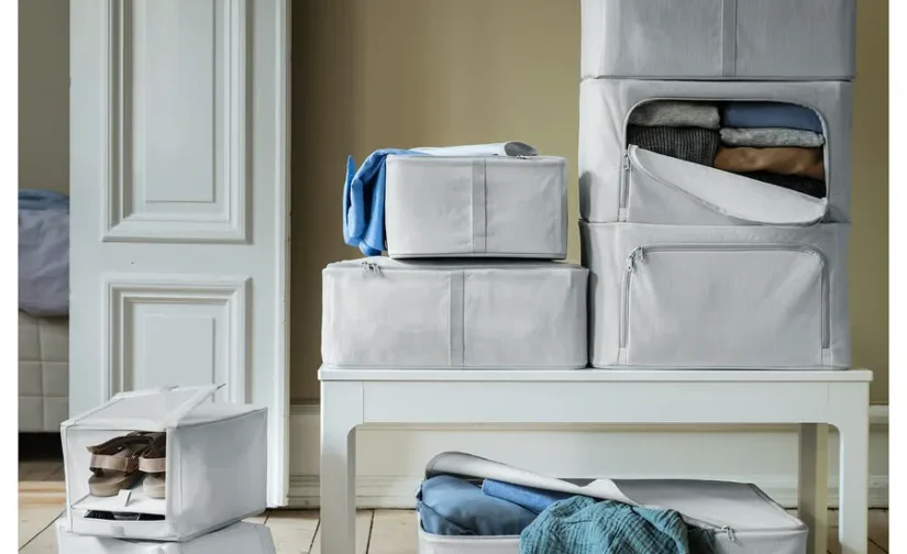 جعبه نگهداری پارچه‌ای راه‌راه/سفید/خاکستری سایز ۳۴x۵۱x۲۸ ایکیا مدل HEMMAFIXARE