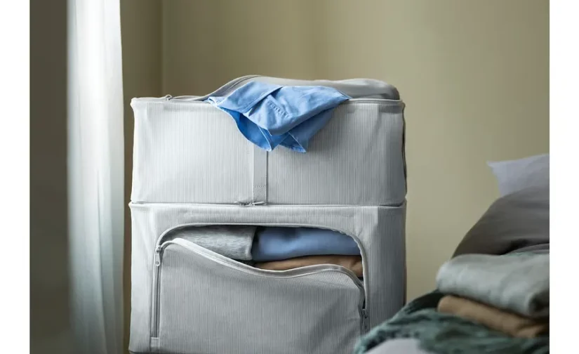 جعبه نگهداری پارچه‌ای راه‌راه/سفید/خاکستری سایز ۳۴x۵۱x۲۸ ایکیا مدل HEMMAFIXARE