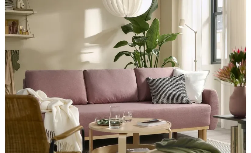 مبل تختخواب شو سه نفره قهوه ای روشن-صورتی ایکیا مدل GRUNNARP