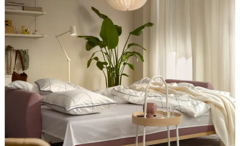 مبل تختخواب شو سه نفره قهوه ای روشن-صورتی ایکیا مدل GRUNNARP