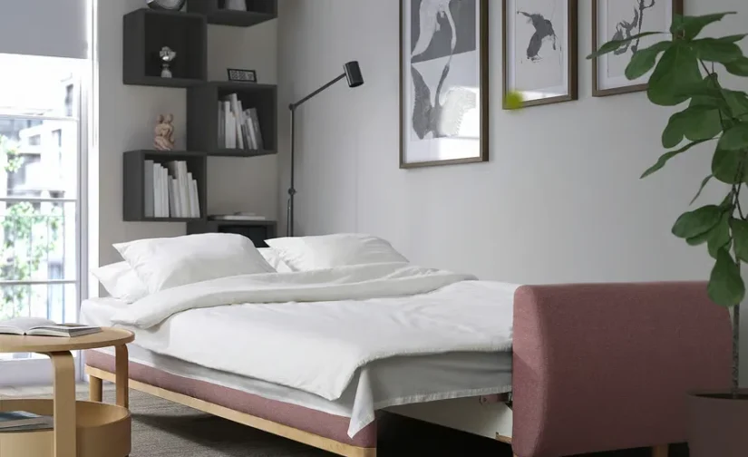 مبل تختخواب شو سه نفره قهوه ای روشن-صورتی ایکیا مدل GRUNNARP