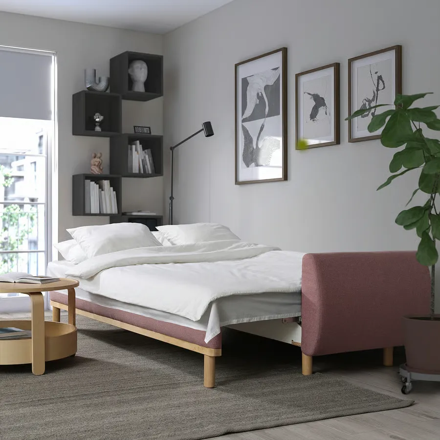 مبل تختخواب شو سه نفره قهوه ای روشن-صورتی ایکیا مدل GRUNNARP