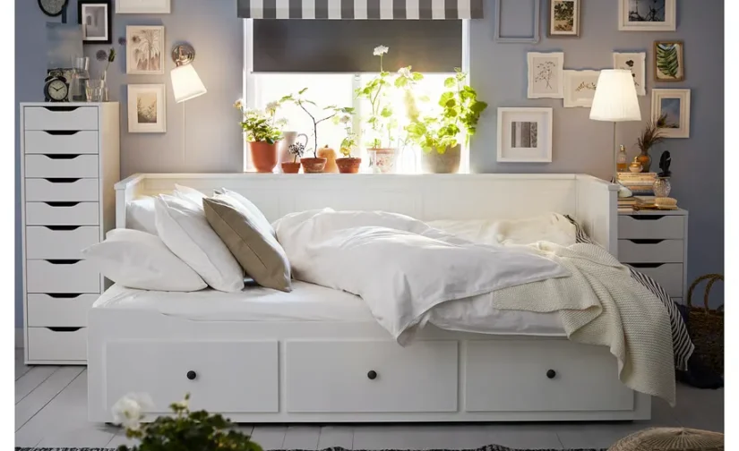 مبل تختخواب شو با ۳ کشو/۲ تشک، سفید سایز ۸۰x۲۰۰ ایکیا مدل HEMNES