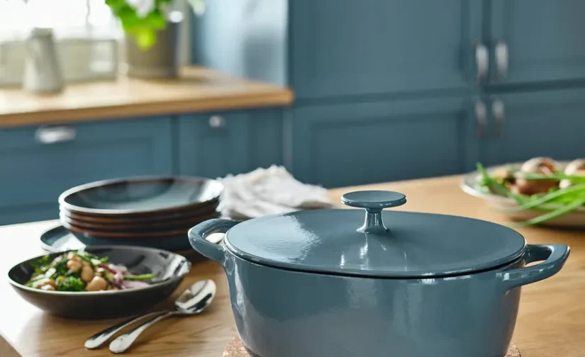 قابلمه چدنی لعابی با درب بژ روشن/خاکستری تیره-آبی ۵ لیتری ایکیا مدل VARDAGEN