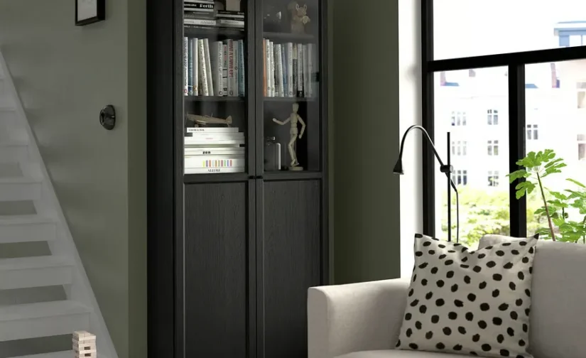 کتابخانه با درهای شیشه‌ای/پانلی مشکی سایز ۸۰x۳۰x۲۰۲ ایکیا مدل BILLY / OXBERG