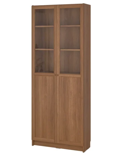 کتابخانه با درهای شیشه‌ای/پانلی قهوه ای گردویی سایز ۸۰x۳۰x۲۰۲ ایکیا مدل BILLY / OXBERG