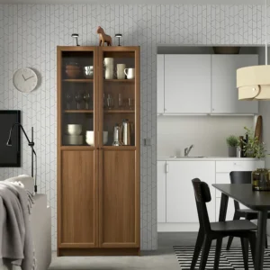 کتابخانه با درهای شیشه‌ای/پانلی قهوه ای گردویی سایز ۸۰x۳۰x۲۰۲ ایکیا مدل BILLY / OXBERG