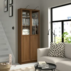 کتابخانه با درهای شیشه‌ای/پانلی قهوه ای گردویی سایز ۸۰x۳۰x۲۰۲ ایکیا مدل BILLY / OXBERG