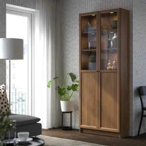 کتابخانه با درهای شیشه‌ای/پانلی قهوه ای گردویی سایز ۸۰x۳۰x۲۰۲ ایکیا مدل BILLY / OXBERG