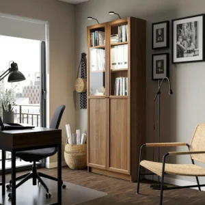 کتابخانه با درهای شیشه‌ای/پانلی قهوه ای گردویی سایز ۸۰x۳۰x۲۰۲ ایکیا مدل BILLY / OXBERG