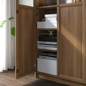 کتابخانه با درهای شیشه‌ای/پانلی قهوه ای گردویی سایز ۸۰x۳۰x۲۰۲ ایکیا مدل BILLY / OXBERG