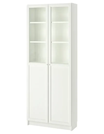 کتابخانه با درهای شیشه‌ای/پانلی سفید سایز ۸۰x۳۰x۲۰۲ ایکیا مدل BILLY / OXBERG