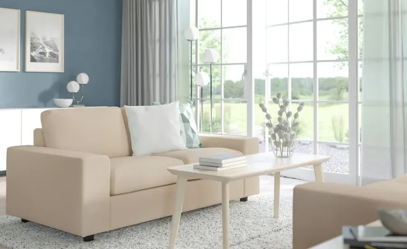 مبل تختخواب شو دو نفره با دسته‌های پهن / بژ هالارپ ایکیا مدل VIMLE