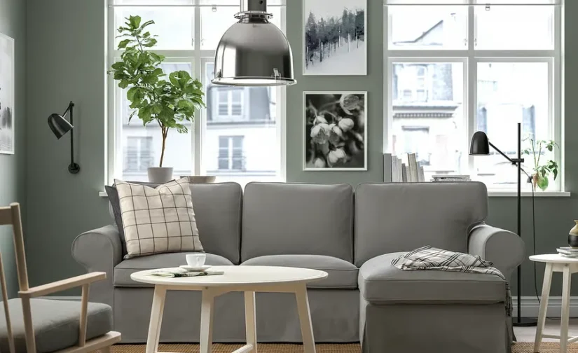 مبل راحتی سه نفره به همراه کاناپه راحتی خاکستری تیره هاکبو ایکیا مدل EKTORP