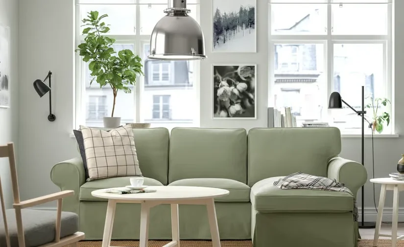 مبل راحتی سه نفره به همراه کاناپه راحتی خاکستری-سبز هاکبو ایکیا مدل EKTORP