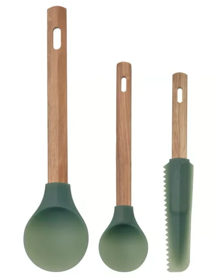 کفگیر مجموعه ۳ عددی چوبی/خاکستری تیره-سبز ایکیا مدل BÄCKRÖDING