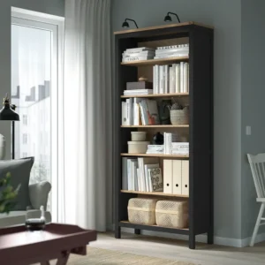 کتابخانه، مشکی-قهوه ای/قهوه‌ای روشن رنگ‌آمیزی شده، ۹۰x۱۹۷ سانتی‌متر ایکیا مدل HEMNES