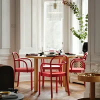 میز و ۴ صندلی با دسته، روکش بلوط/قرمز، ۱۱۵ سانتی‌متر ایکیا مدل STOCKHOLM 2025